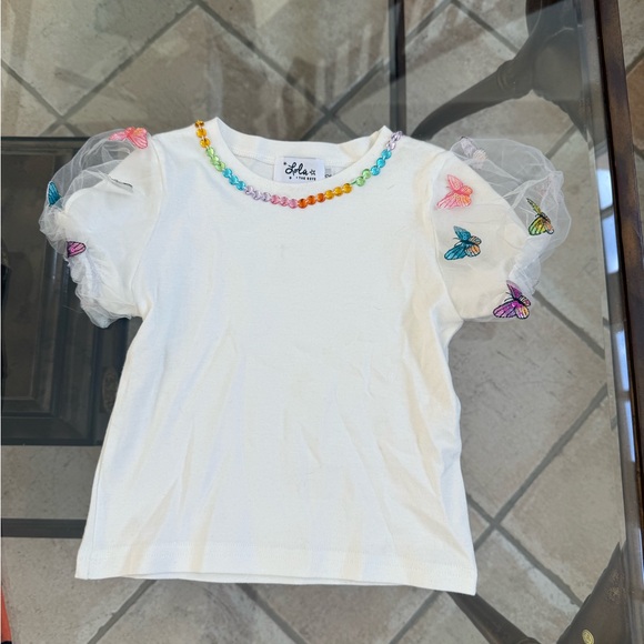White Kids Shirt with Colorful Butterfly Accents - Picture 1 of 2